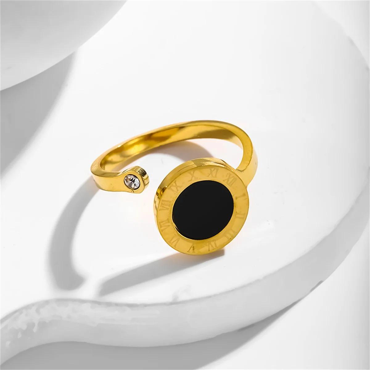 

Real 316L Stainless Steel Hot Sale Roman Numeral Black Shell Opening Rings for Women Adjustable Zircon Tail Ring Fashion Zircon