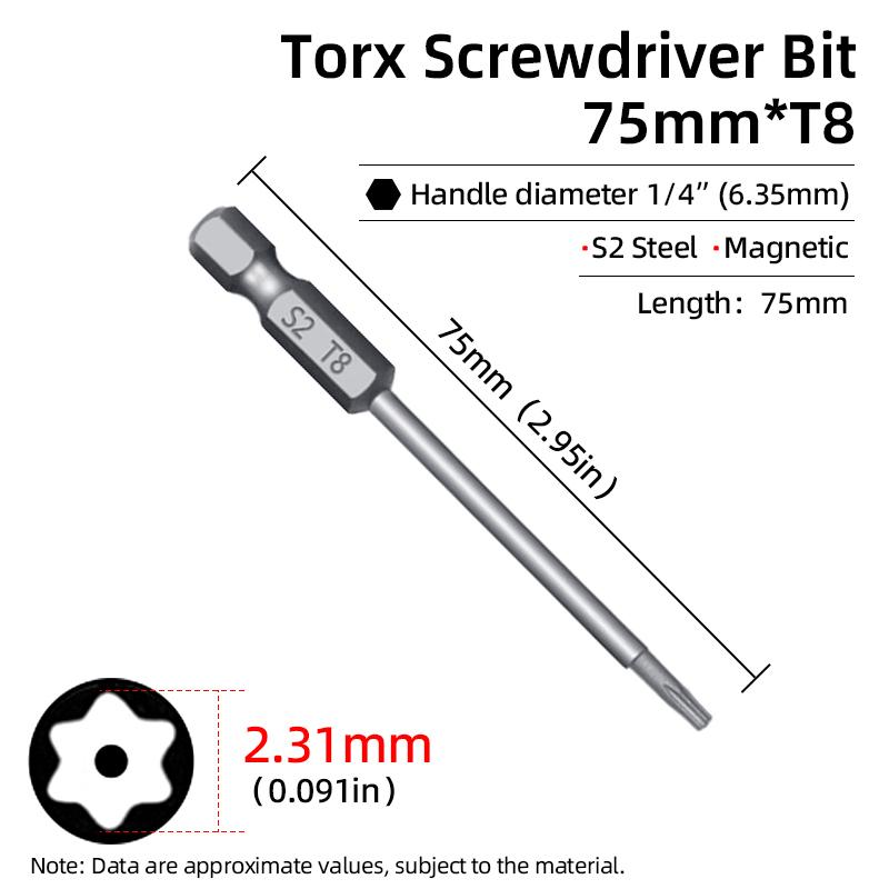 75mm Magnetische Torx Schraubendreherbits Security Manipulationssicherer Bit T6-T40 Hohlkopf Pflaumenblütenkopf S2 1/4'' Sechskant Hand Elektrowerkzeuge