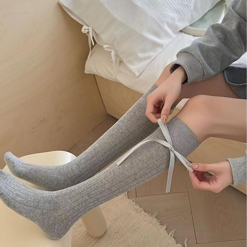 Ladies' Sweet and Versatile Spring and Summer Tied Bow Solid Color Calf Puffy Socks