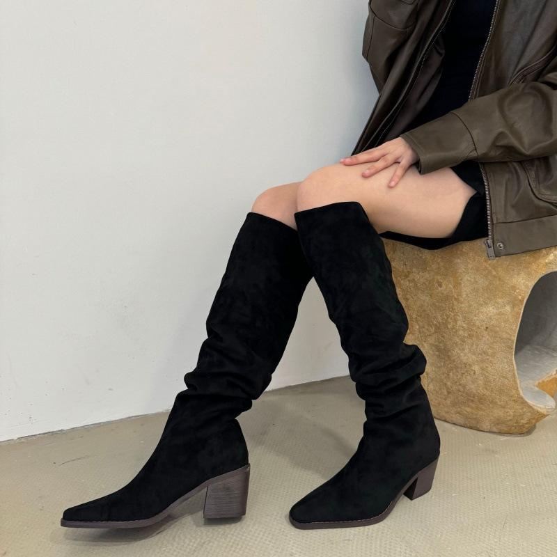 Wildleder hohe Stiefel zum Stapeln spitze Retro Western Cowboy Stiefel Herbst und Winter dünne Stiefel aber kniehoch Absatz Reiterstiefel