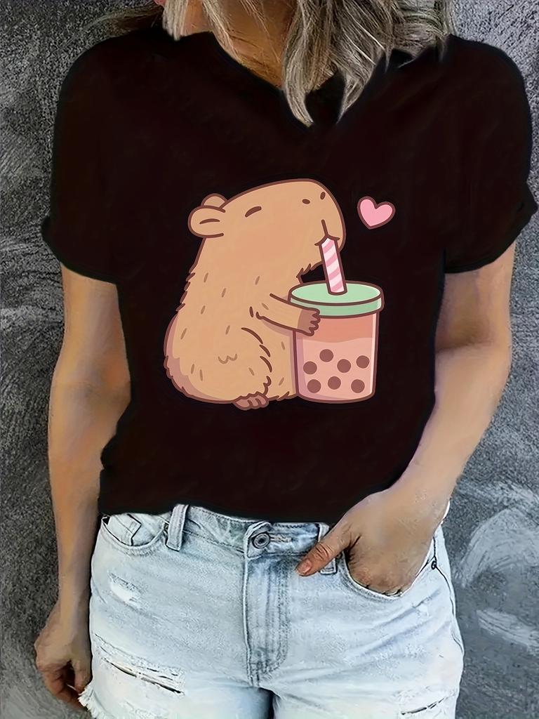 Capybara Loves Bubble Tea" Women's T-Shirt - Casual Black Short Sleeve with Animal Print Breathable Polyester Machine Washable