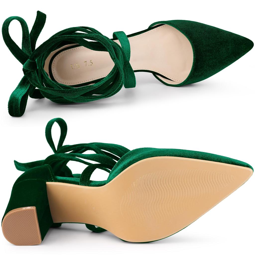 Allegra K Women's Velvet Lace-Up Chunky Heel Pointed Toe Pumps, Dark Green, Size 23.0cm