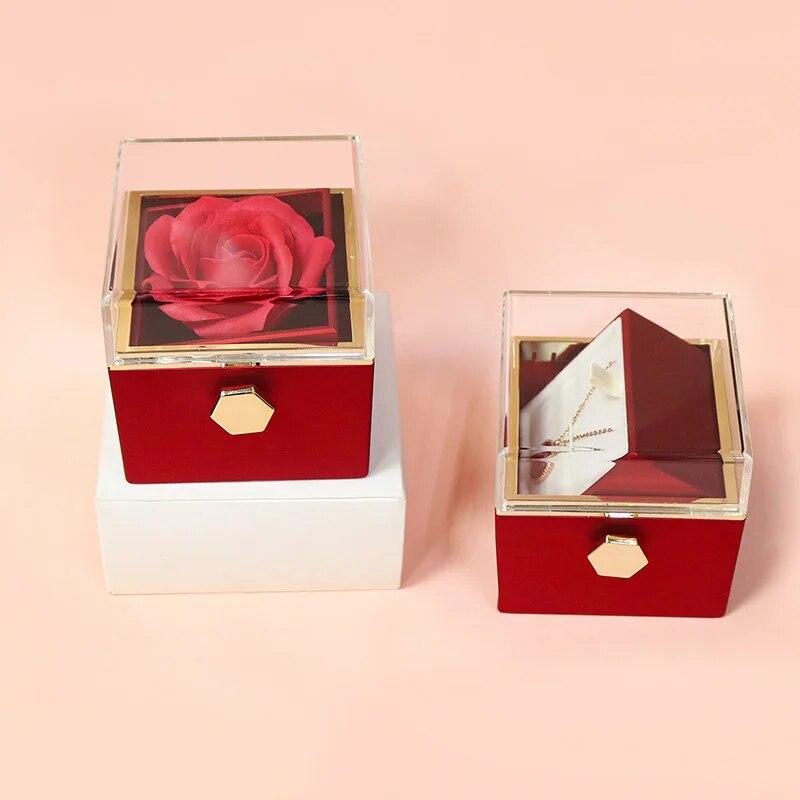 Rotation Rose Jewelry Gift Box Valentine's Day Acrylic Ring Boxes Necklace Storage Display Rack