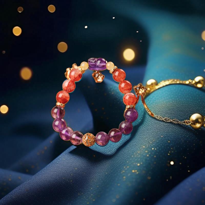Nine Purple Fire Amethyst Pixiu Bracelet for Women, Bringing Fortune and Wealth, Red Agate Flower Bracelet