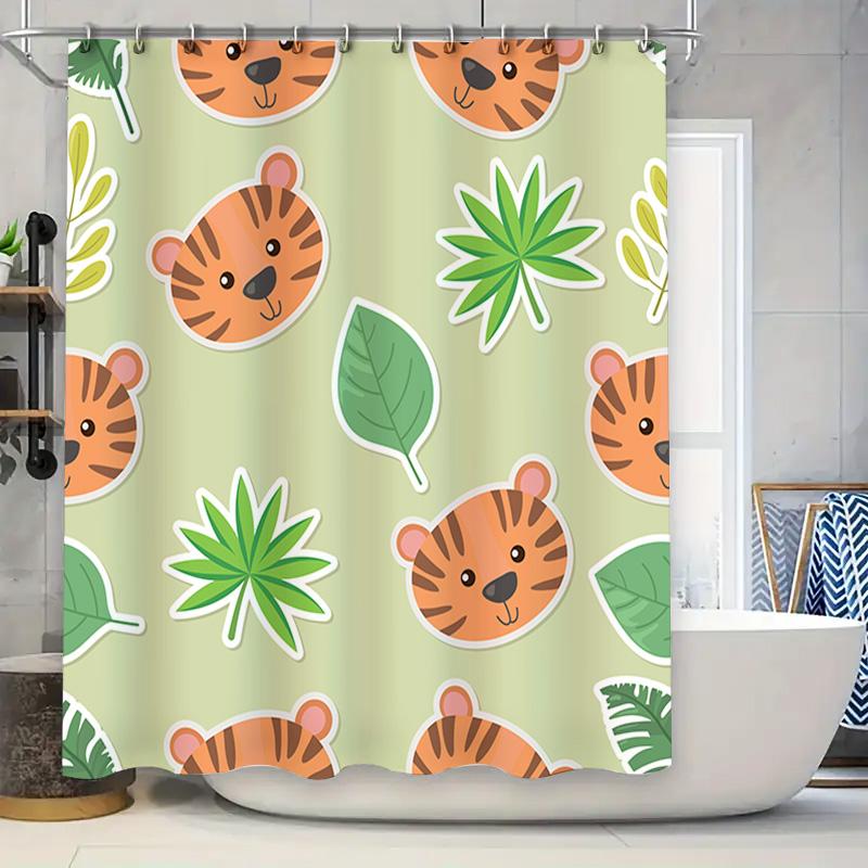 

Cute Tiger Pattern Shower Curtain Waterproof Fabric Home Decoration For Bathrooms Green Leaves Set 160X259Cm (43In X 102In) W60H190(CM)-1 Pcs