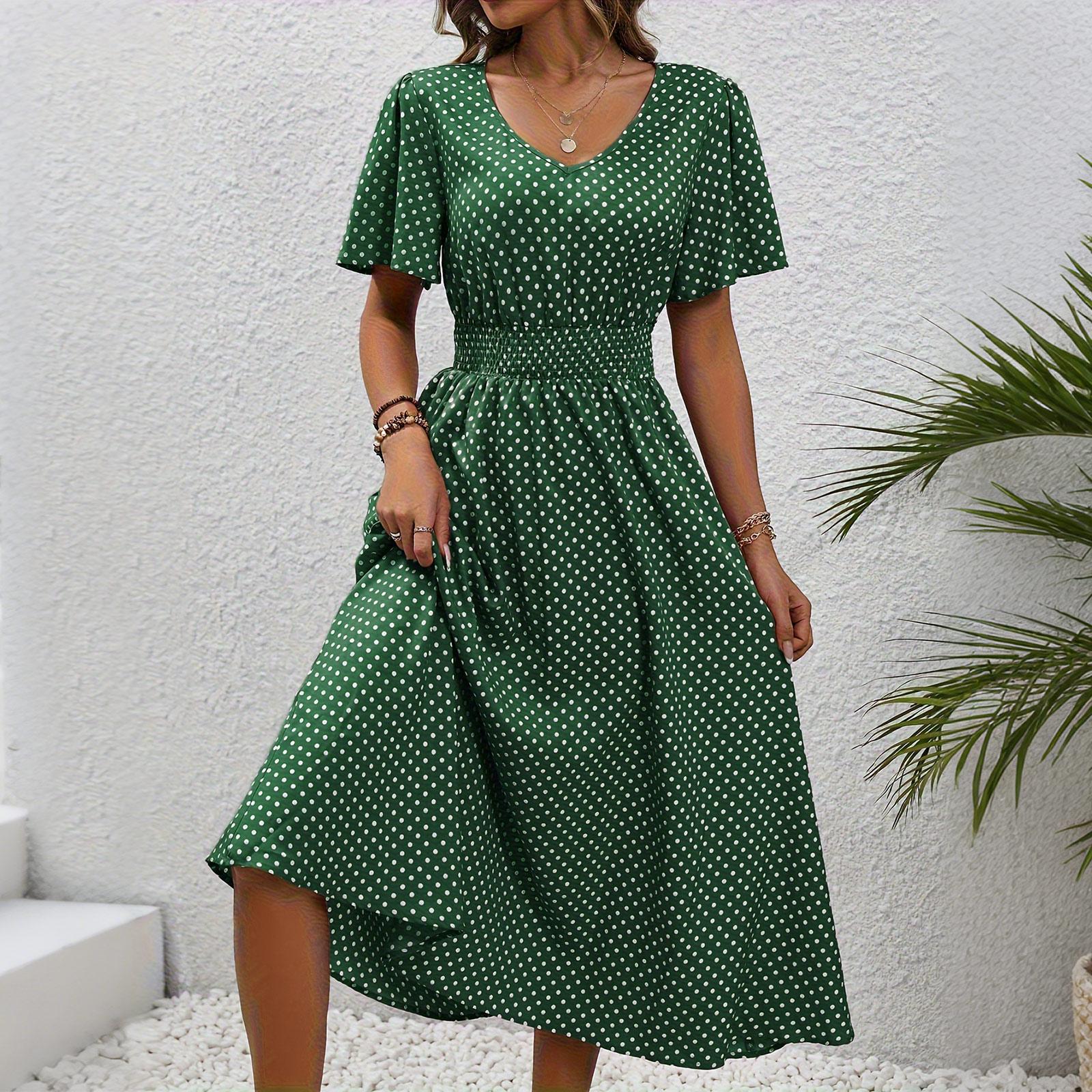 

Women s V-Neck Waist-Defining Polka Dot Short-Sleeve Casual Dress M зелений