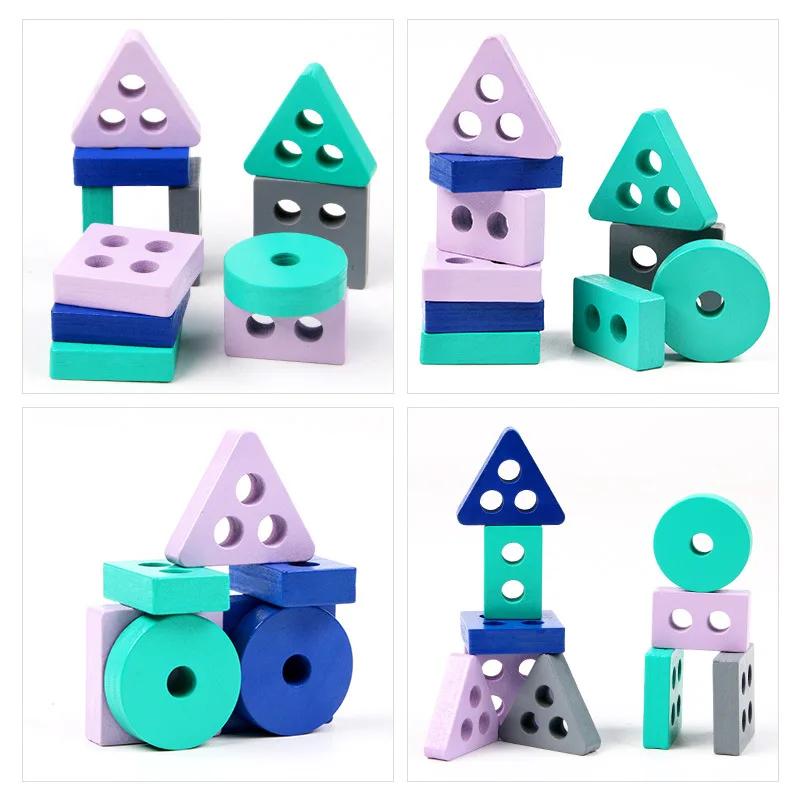 Mini Montessori Toy Wooden Building Blocks Educational Toys Macarone Color Color Shape Match Puzzle Toys For Boys Girls