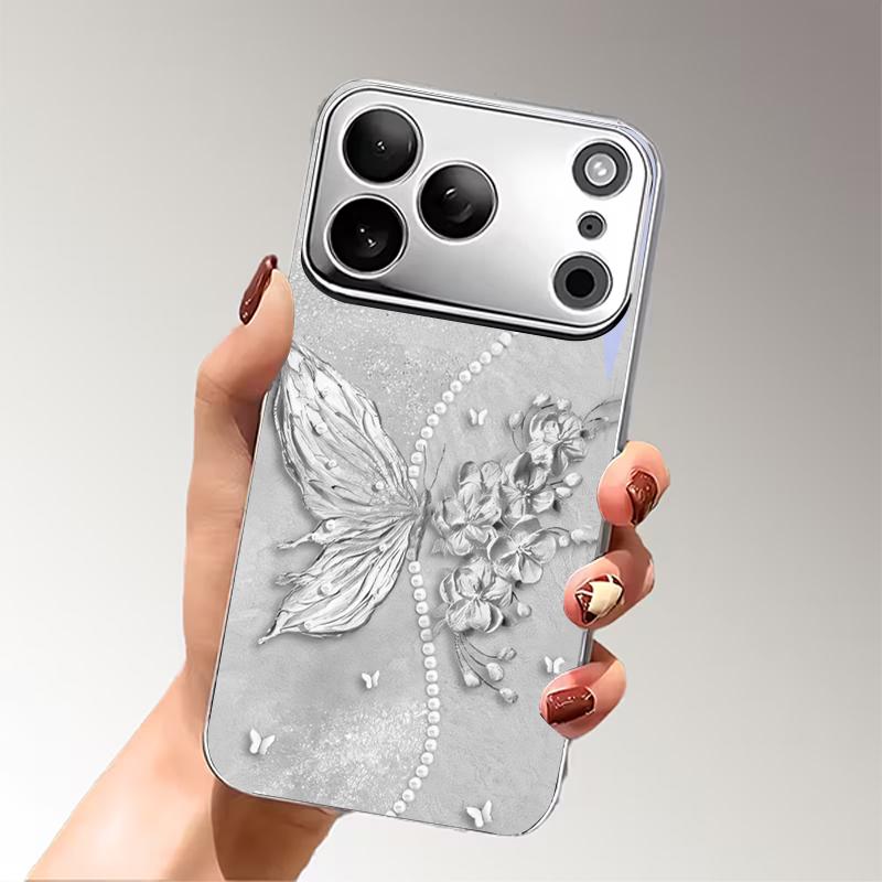 Grey Pearl Butterfly Flower Electroplated Silver Phone Case For iPhone 15 17 16 14 13 12 11 Pro Max Plus 16E 17Air XR 7 8 Cover
