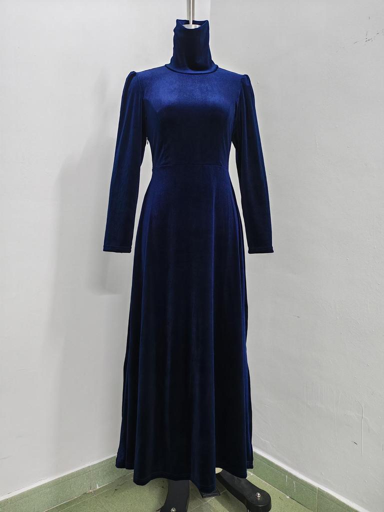 Elegantes Herbst/Winter Damen Gold Samt Hoher Kragen Ballonärmel Taillenbetonendes Langes Kleid