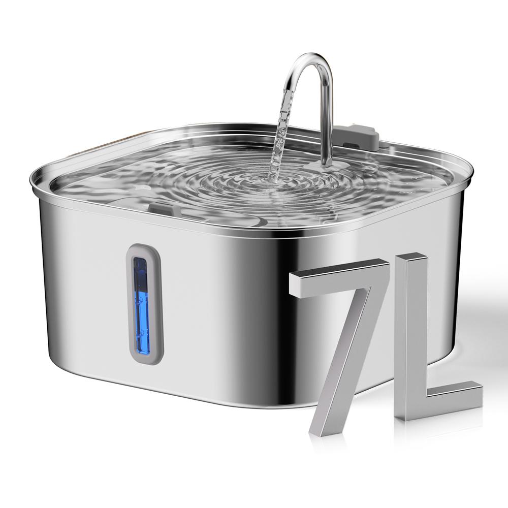 7L Hochkapazität Edelstahl Katze Hund Haustier Brunnen Spender mit Wasserstandsanzeige Mehrschichtfilterung Leise Wasserpumpe