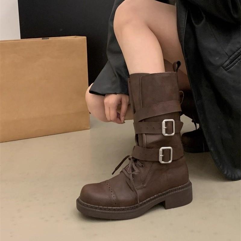Retro Martin Boots Women's Spring and Summer New Thick Heel Belt Buckle Short Boots Locomotive Boots Versatile Single Boots