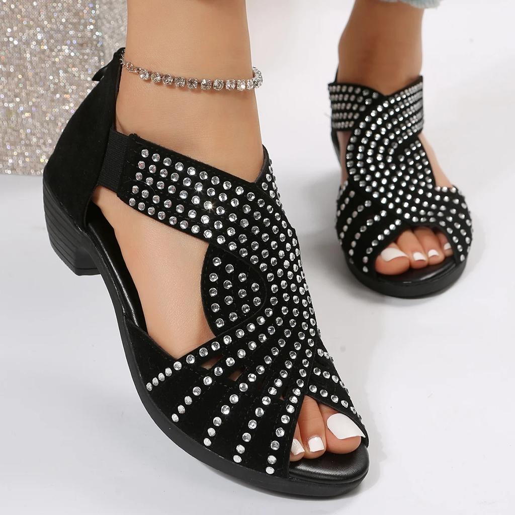 Fashion European and American fish mouth high-heeled sandals for women's summer new cross rhinestone back zipper Roman sandals