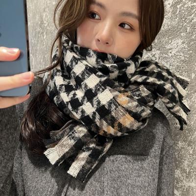 Fashion Plaid Scarf Winter Sweet Imitation Cashmere Thousand Bird Plaid Scarf Thickened Warm Shawl Gift