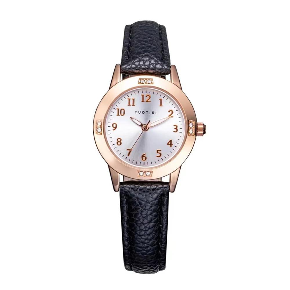 

Girls Quartz Cute Casual Watch Round Face Diameter 28mm PU Leather Strap Made in Japan Movement Arabic Numeral Index Daily Waterproof (Black Belt x