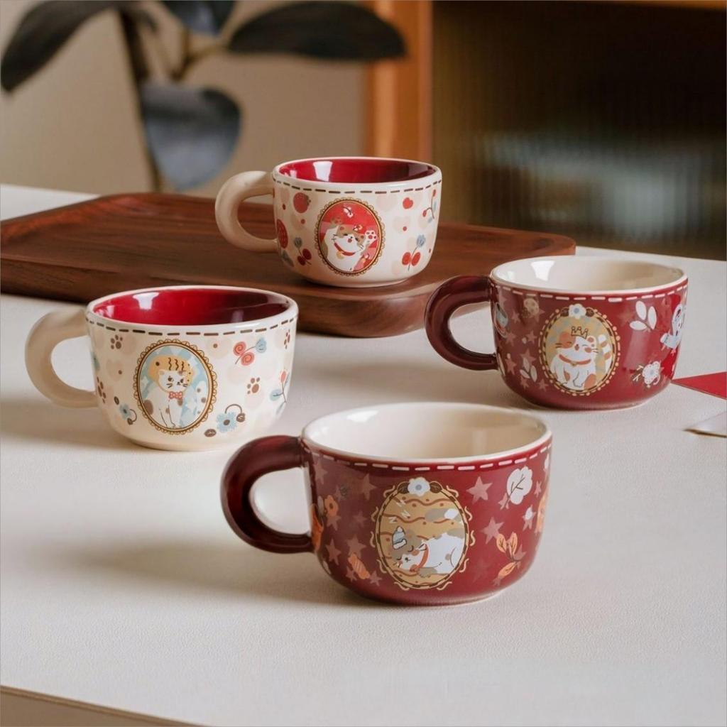 Retro cute lucky meow cup ceramic kitten coffee cup breakfast cup flower tea cup