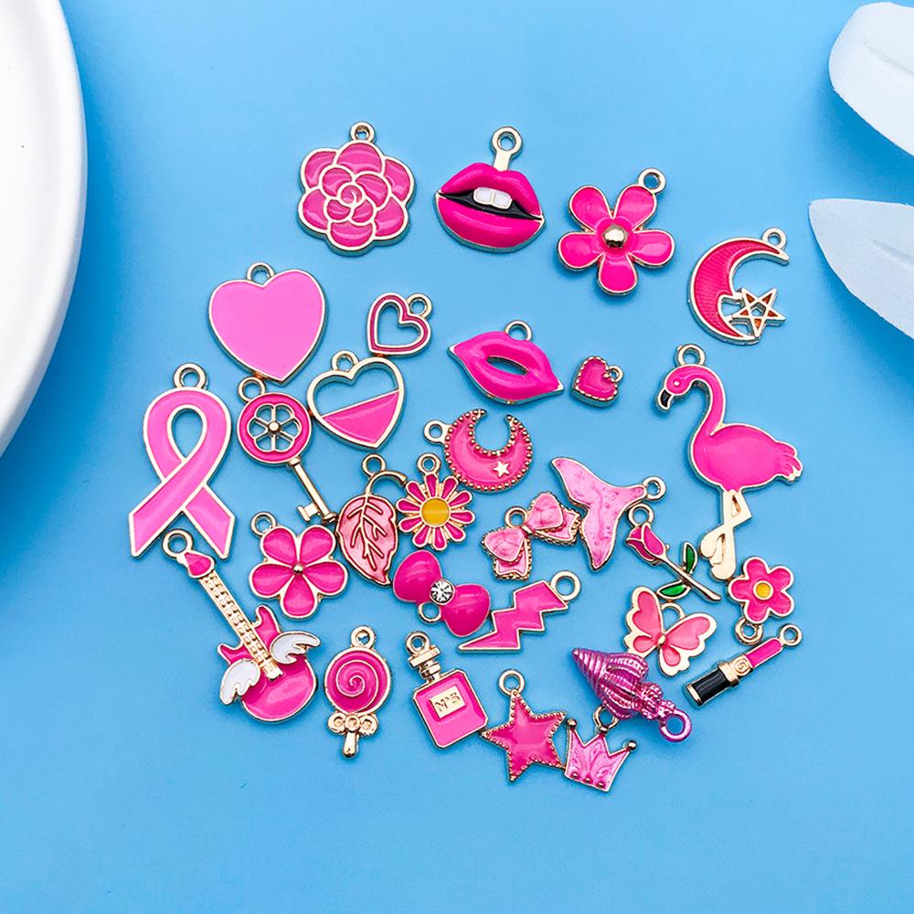 30 Cartoon Alloy Jewelry Pendants: Rose Red Drip Oil for DIY Bracelet and Handbag Accessories