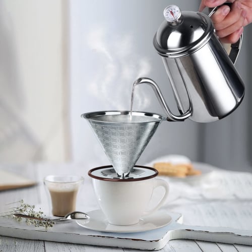 SRIWATANA Coffee Dripper, Stainless Steel Filter, Dual-Layer Mesh, Integrated, with Cleaning Brush, 4-Cup Capacity