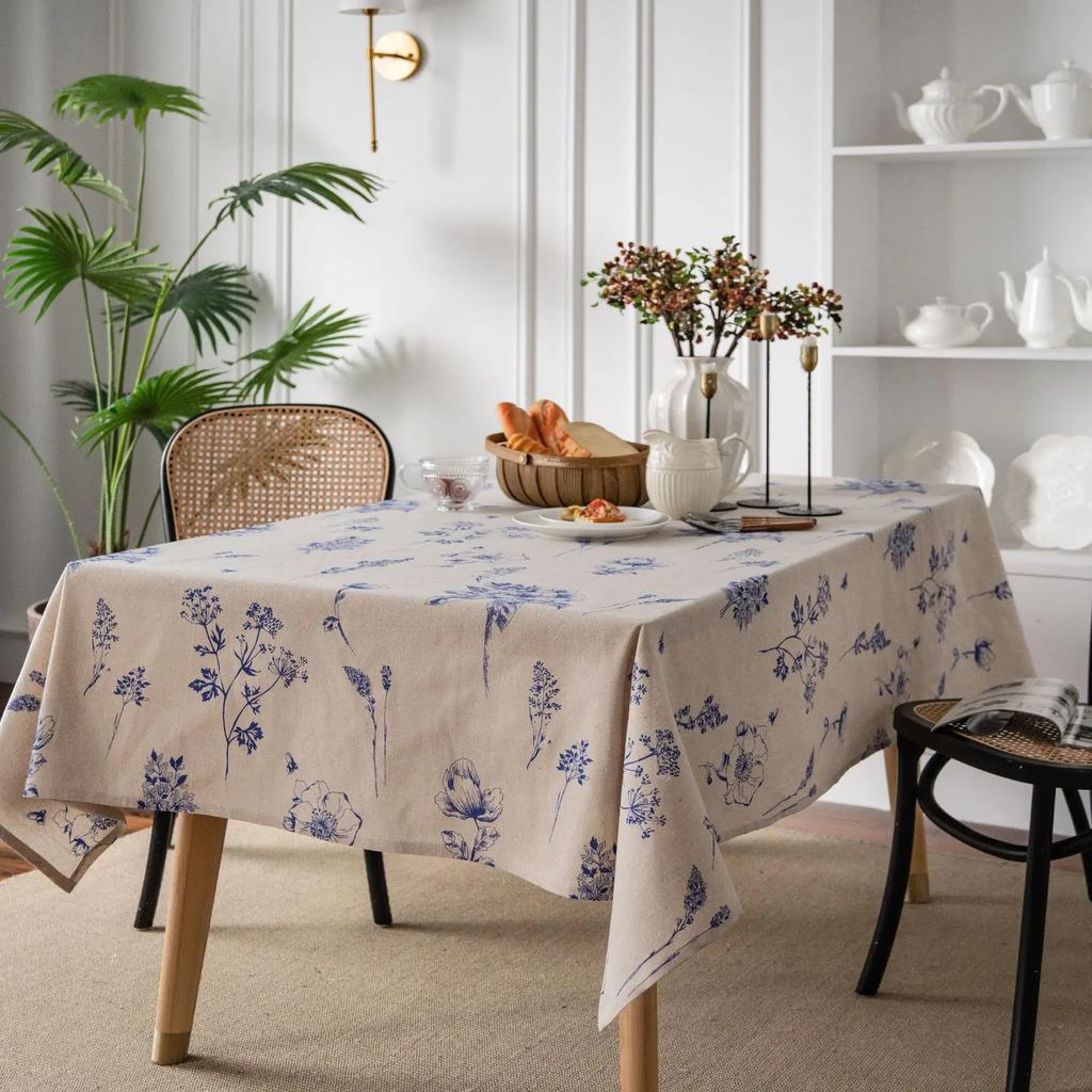 Print Cotton Linen Tablecloth Rustic Garden Natural Botanical Decorative Table Cover Kitchen Dining Picnic Indoor Outdoor Use