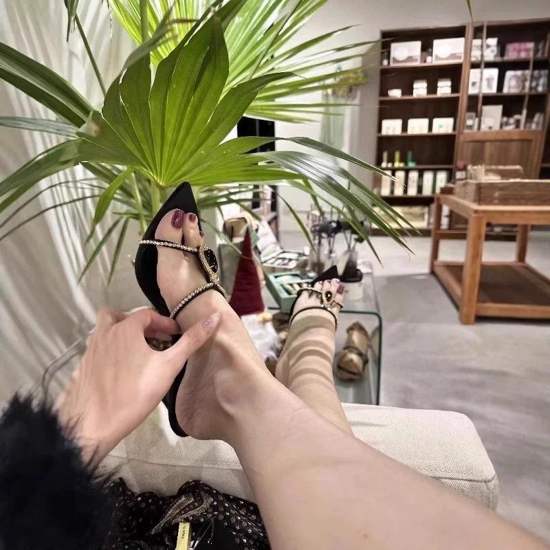 Fashion Summer 2025 New High-end Gemstone Pointed-toe Skinny Sandals for Women To Wear with Exposed Toes and Rhinestones