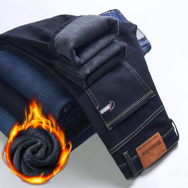 Elastický sametový zesílený pánský džíns rovný volný ležérní velké velikosti zimní bavlna módní teplé dlouhé kalhoty