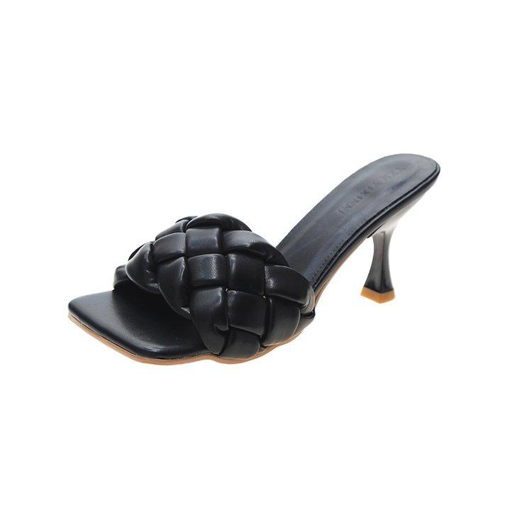 Summer New Woven Slippers Twist Mop One-character High-heeled Sandals Square-heeled Slippers