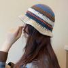 Wind wool contrasting color striped bucket hat men and women autumn and winter face small versatile knitted hat warm hat big head circumference