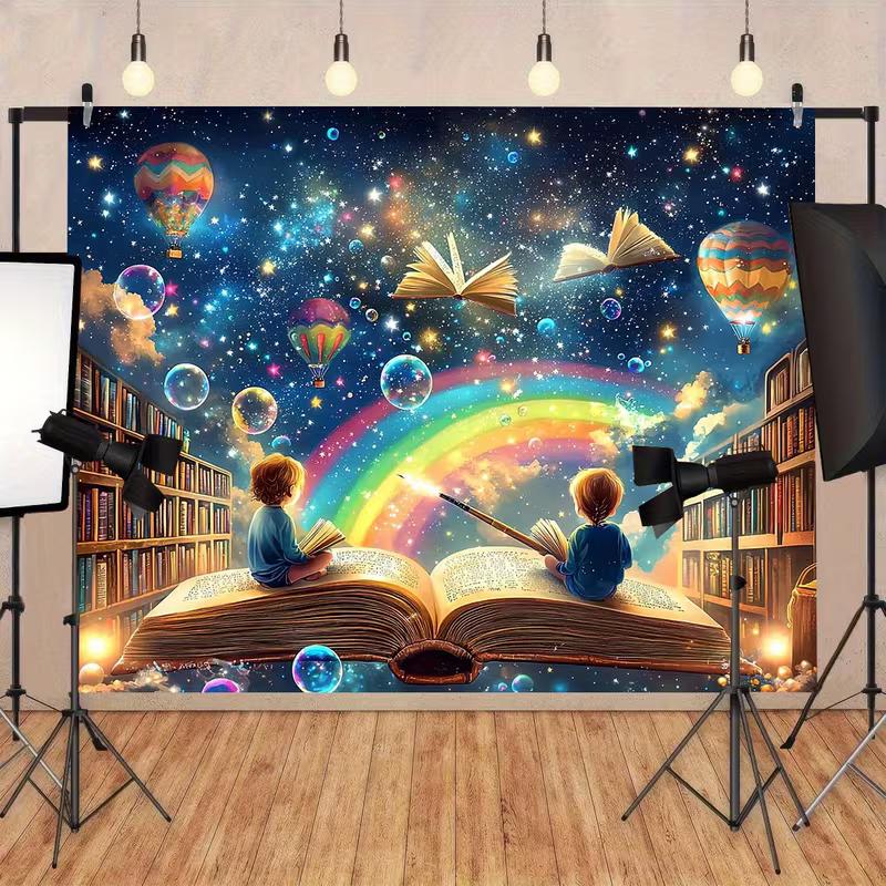 2D Flat Whimsical Library Banner, Starry Sky with Flying Books for Kids Birthday Party Photoshoot