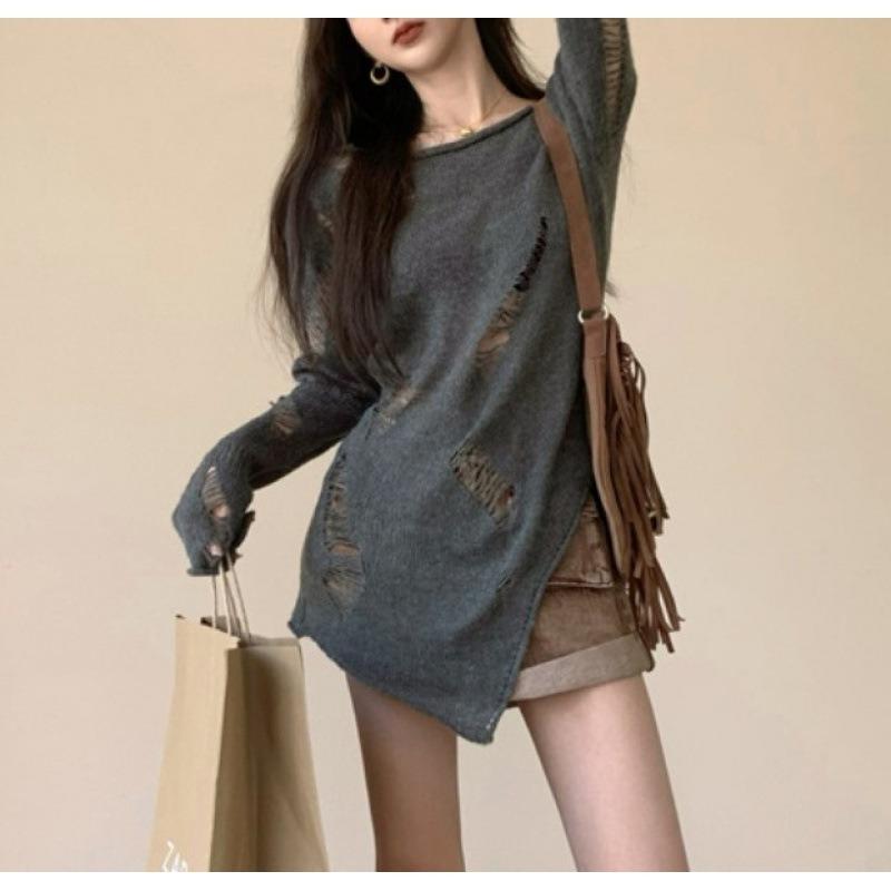 Irregular women's new retro temperament knitted sweater long hollow bottoming top