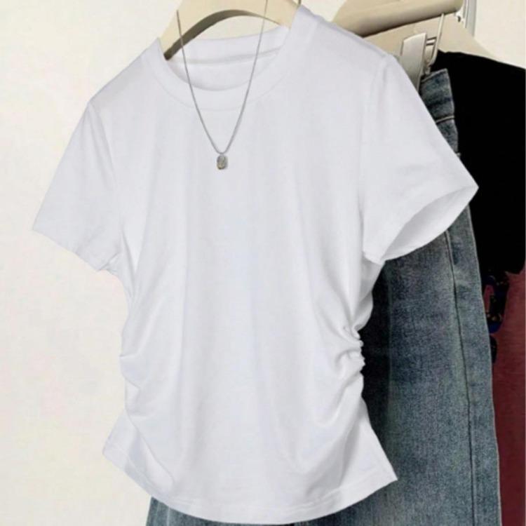 Korean Version Summer T-shirt Slim Fit Plus Size Waist Cinching Top New Shoulder Short Sleeved Slimming Effect Versatile Chubby