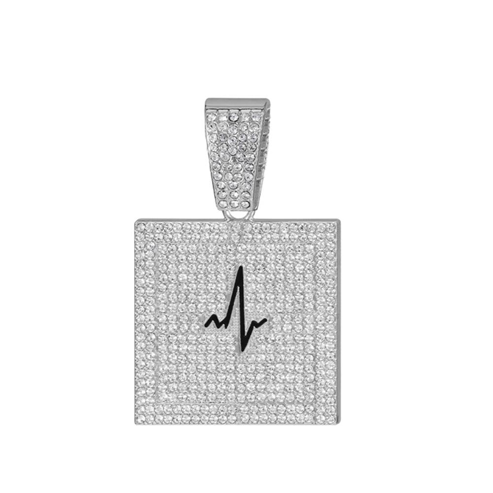 Hip Hop Electrocardiogram Lifeline Geometric Pendant Necklace With 13mm Box Buckle Cuban Chain Necklaces Fashion Jewelry For Men