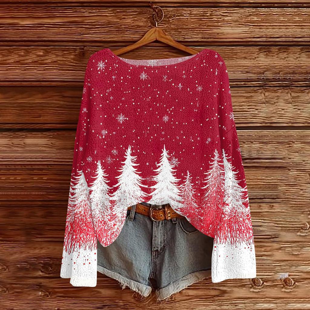 Women's Round Neck Lightweight Sweater Casual Long Sleeve Christmas Print Knit Pullover.