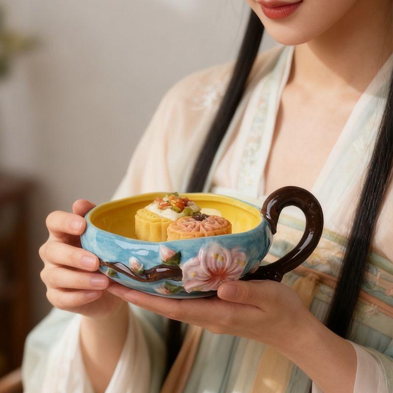 Japanese High-Temperature Ceramic Relief Peach Blossom Bowl, Handled Fruit, Salad & Snack Dish