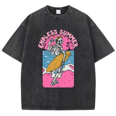 Mode Frauen Baumwolle gewaschen T-Shirt Endless Summer Skull Surfing Druck Kurzarm Casual Loose Tee Shirt Vintage Kleidung