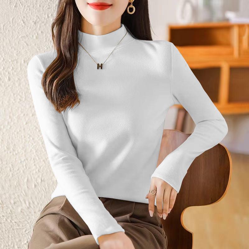 Women's Plus Velvet Half-High Collar Long-Sleeve Fleece Base Layer Top - Autumn/Winter