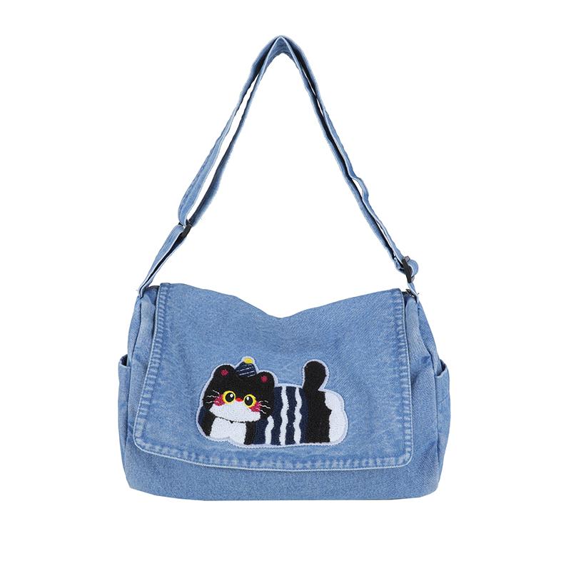 

Джинсовая сумка-тоут с вышивкой котенка, женская, большая вместимость, на плечо, кроссбоди светло-синий