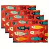 4PCS Household 2D Fish Pattern Place Mat Non-Slip Stain-resistant Dining Mat Colorful Print Linen-like Texture Table Mat Holiday