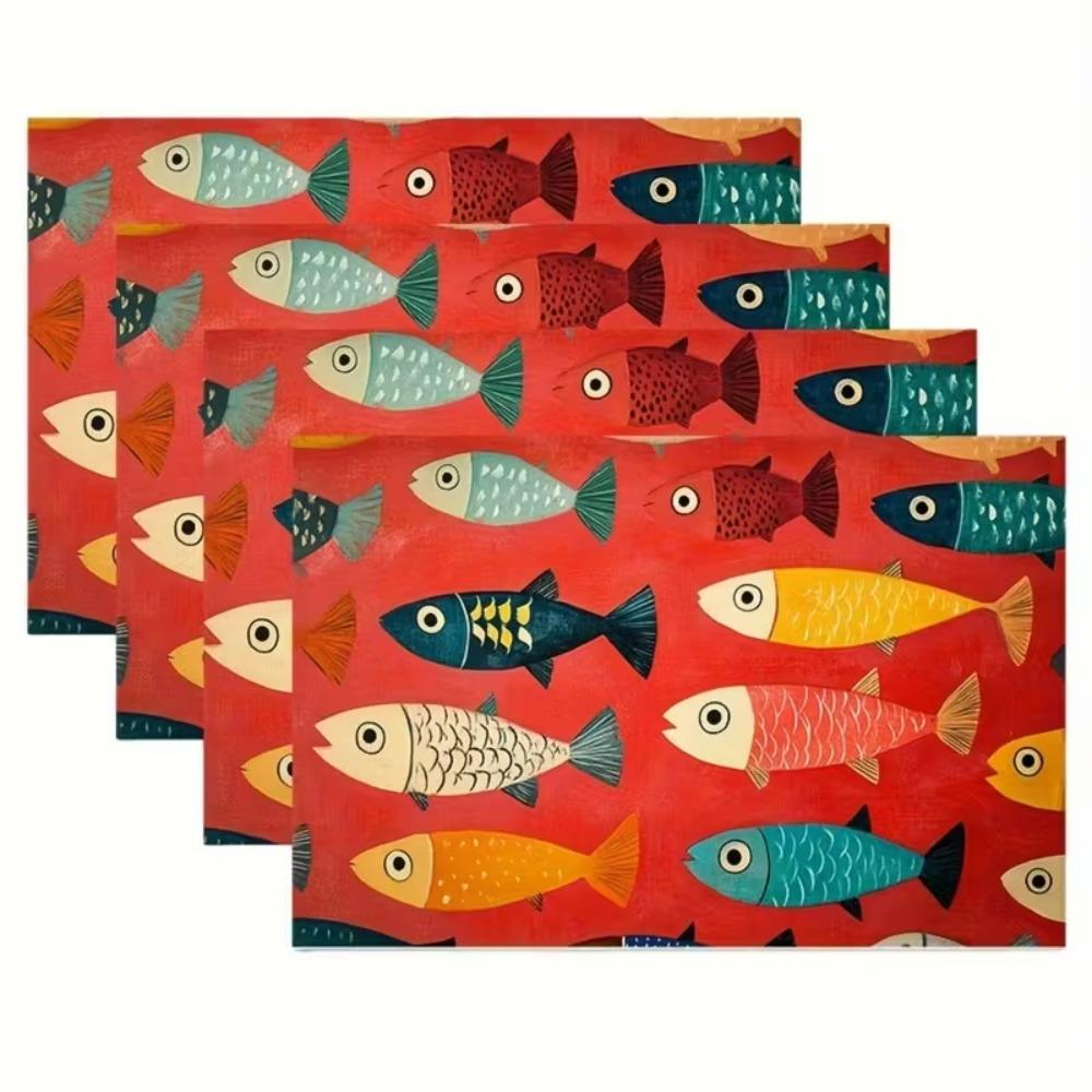 4PCS Household 2D Fish Pattern Place Mat Non-Slip Stain-resistant Dining Mat Colorful Print Linen-like Texture Table Mat Holiday