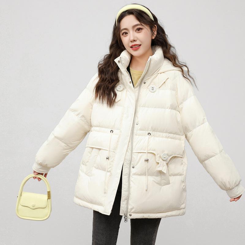 Autumn and winter new down jacket women's medium and long hooded loose top waist thickened warm white duck down jacket