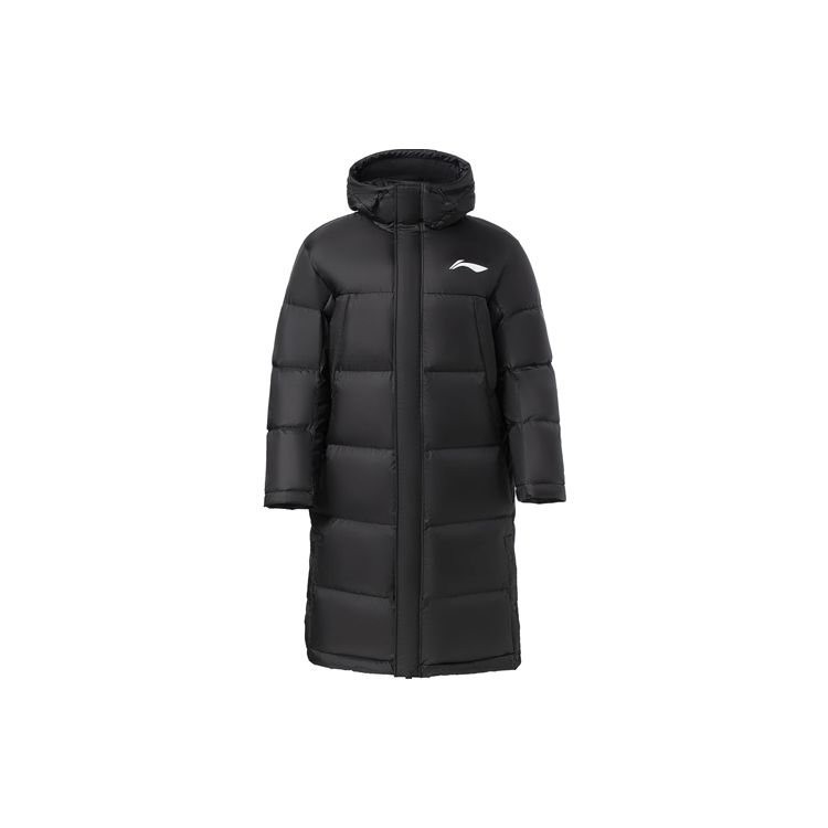 Li Ning Sports Basketball Series Logo Print Mid-Length Loose Hooded Down Jacket Men Outerwear Black AYMR051-1