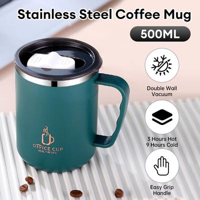 500ml Termisk Kaffekopp Dubbelväggig Rostfritt Stål Värmeisolerad Kaffe Mjölk Mugg med Handtag och Lock Rese Drickstumbler