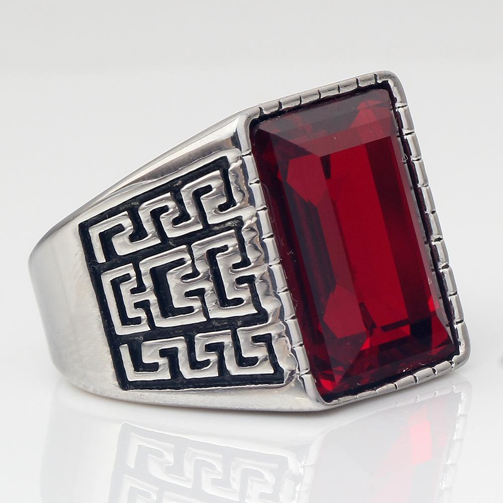 Men's Red Blue CZ Stone Gem Ring Vintage Stainless Steel Ring Men Wedding Bands Ring for Male Jewelry Anel
