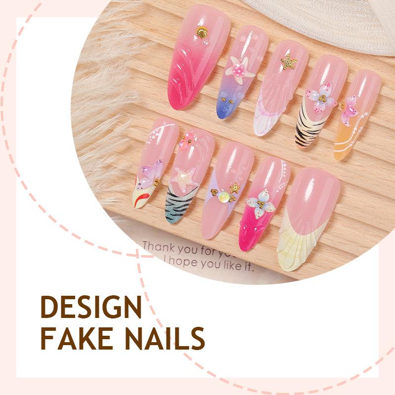 30 pieces of cross-border explosive wearing nail almond 3D French flower shell starfish high-quality handmade nail art