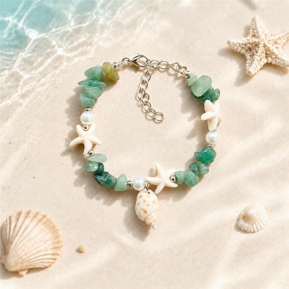 Ocean Charm Female Irregular Crushed Stone Starfish Conch Adjustable Bracelet Silver Color Summer Jewelry For Women