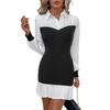 Women's Long Sleeve Bodycon Pleated Dress High Waist Lapel Color Block Slim Short Party Dresses