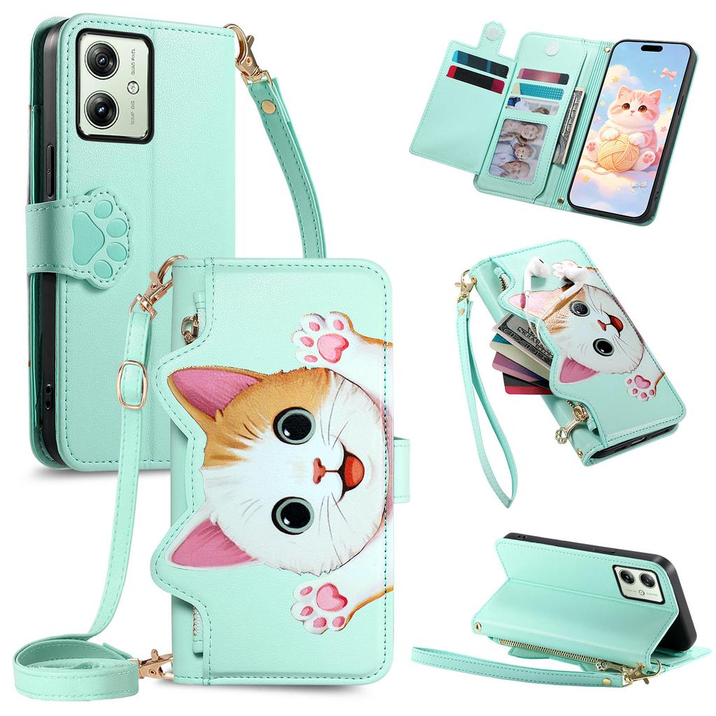 Cute Cat Crossbody Long Lanyard Flip Wallet Leather Case For Motorola G86 G67 G56 G15 Edge 60 Pro 50 Fusion Shockproof Cover