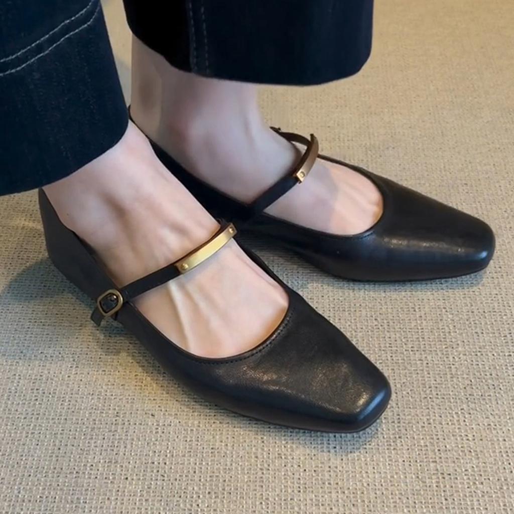Shallow Mouth One-word Buckle Black Mary Jane Shoes Women's Retro Flat Bottom Comfortable Versatile Square Head Small Single Shoes