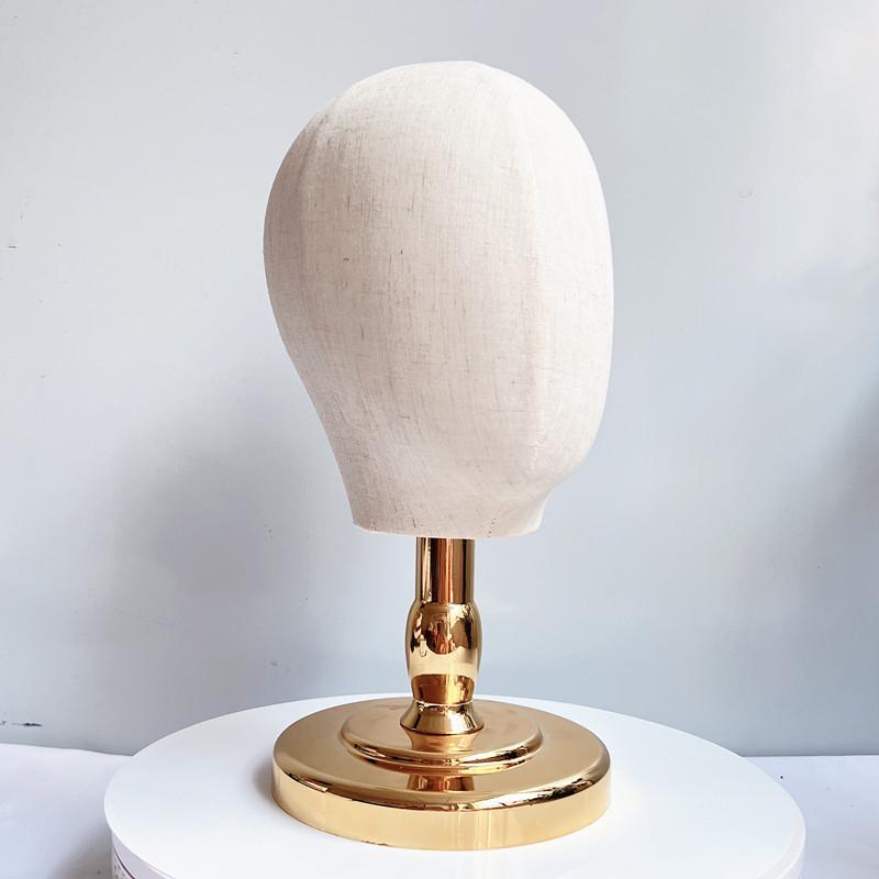 Burlap Head Mold with Gold & Silver Base - Short Neck Fabric-Wrapped Hat & Wig Display Stand