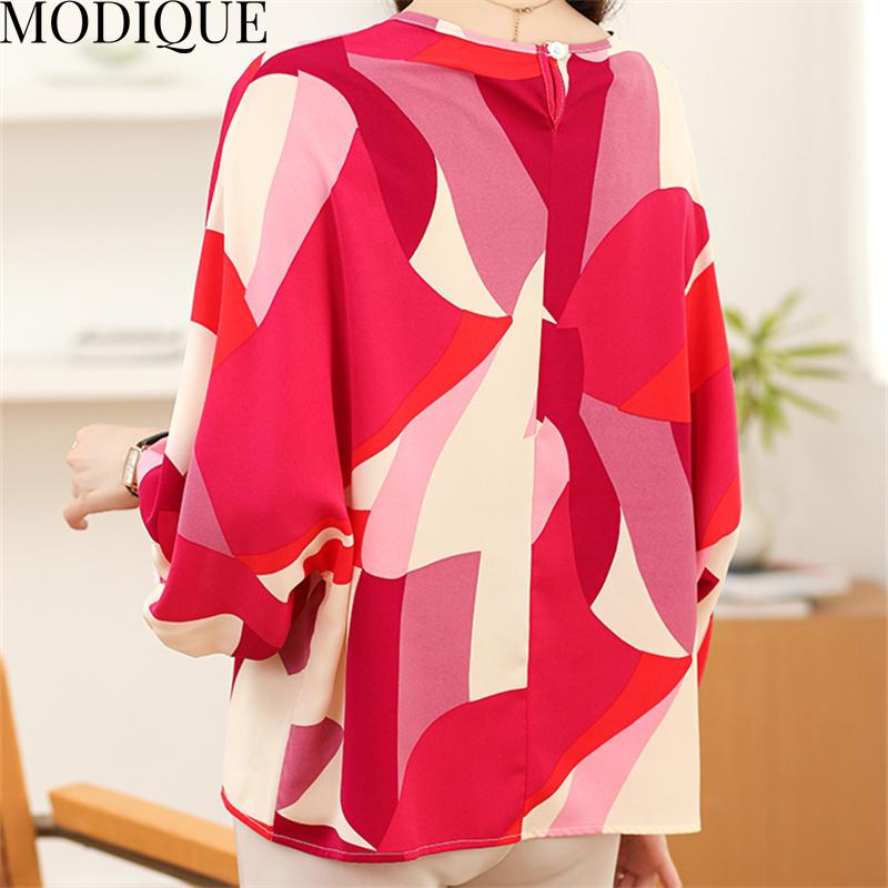 MODIQUE Spring Summer Plus Size Women Loose Silk Geometric Print Batwing Sleeve Blouse Shirts Lady Casual Oversize O-Neck Quarter Sleeve Pullover