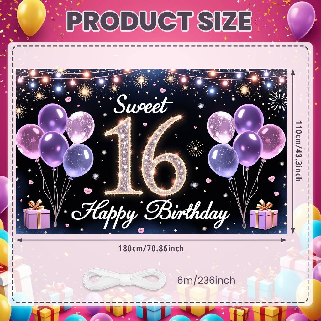 16th Birthday Display Heart Accent Sweet 16 Banner Backdrop Golden Number Sweet Celebration Display For Photo Backdrop Birthday