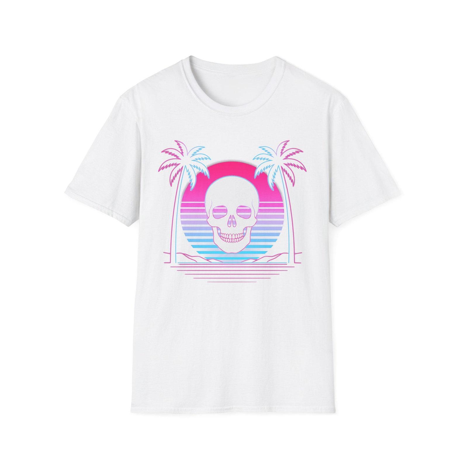Vaporwave Skull Sunset T-Shirt | Neon Palm Trees Synthwave Tee S